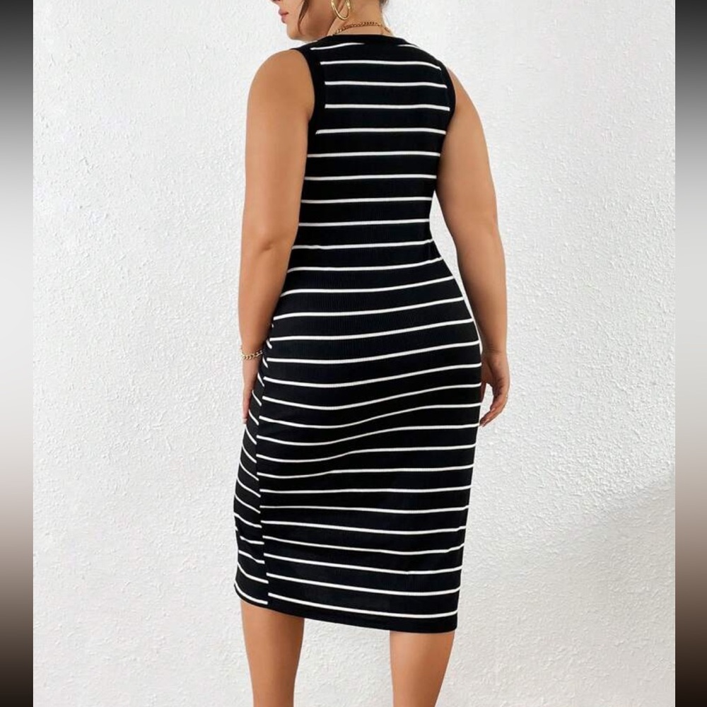 Classic Plus Size Striped Front Button Down Sleeveless Dress White - Picture 5 of 5